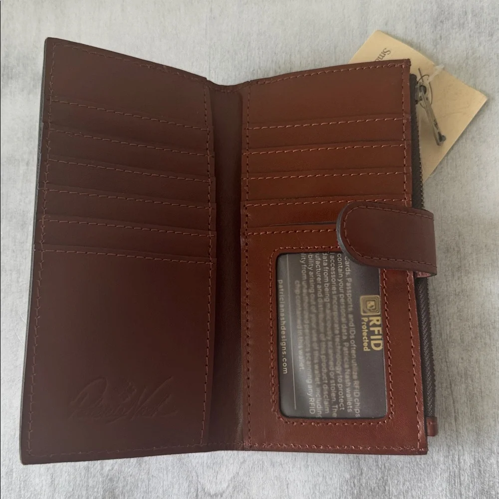 Patricia Nash NAZARI Leather Bifold Wallet Floral Marigold Harvest Blue Brown NW